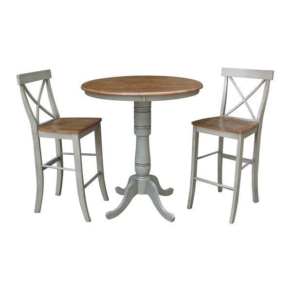 International Concepts Round 36 in Rd Pedestal Bar Ht Table, 2 X-Back Bar Ht Stools, Hickory/Stone, 36 in W, 36 in L, Wood K41-36RT-6B-S6133-2 - main